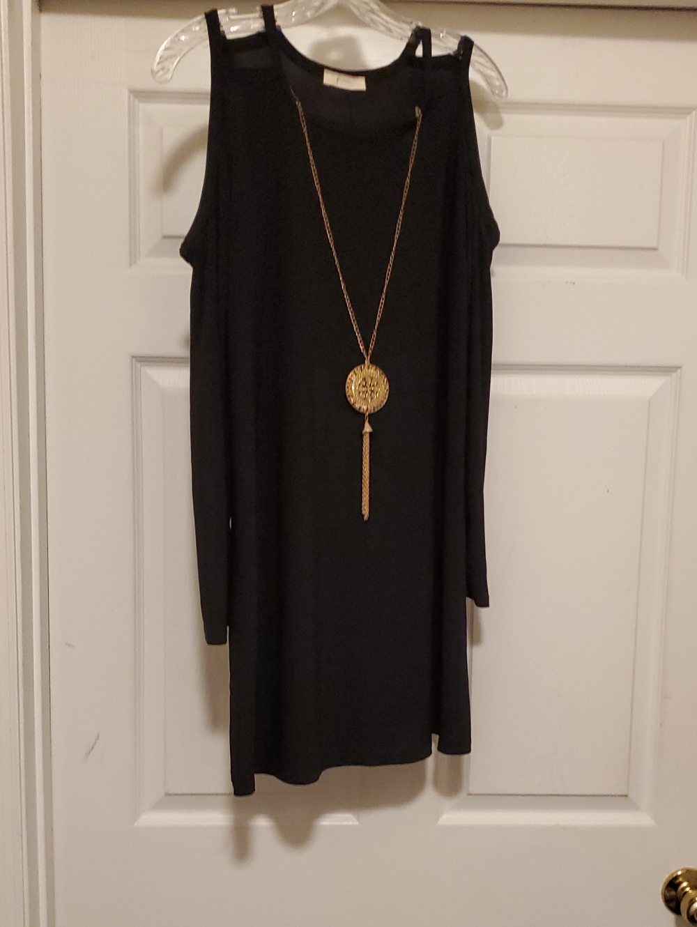 Honey Punch Black Cold-Shoulder Long Sleeve Dress with Gold Pendant